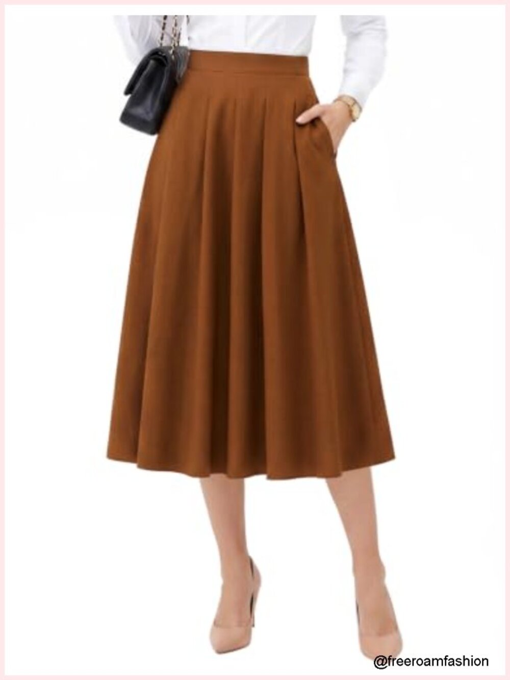 Pleated Midi Skirt High Waist with Pockets A-Line Work Skirt